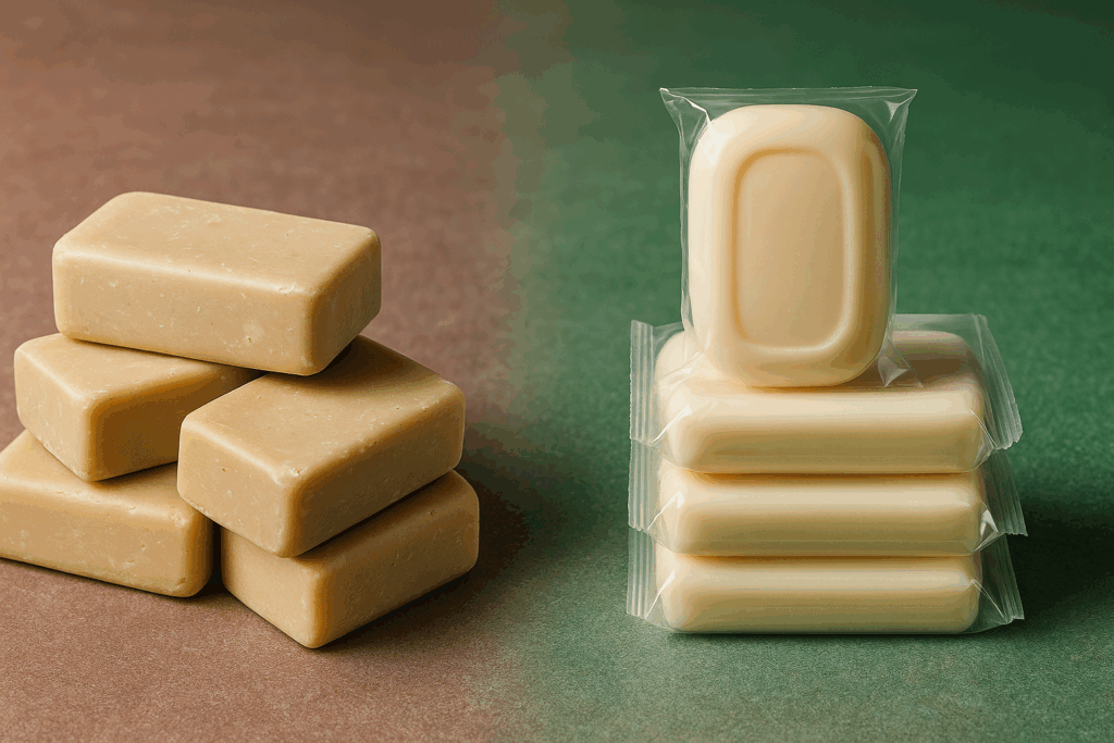 Comparación entre jabón de baño de Isasur Market y opción genérica, mostrando mejor empaque, limpieza y entrega rápida