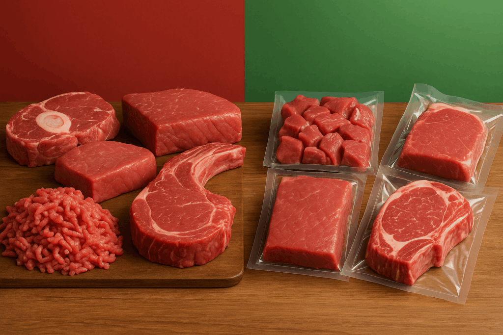 Comparación entre supermarket23 carne de res e Isasur Market mostrando cortes empacados con mejor presentación y entrega rápida