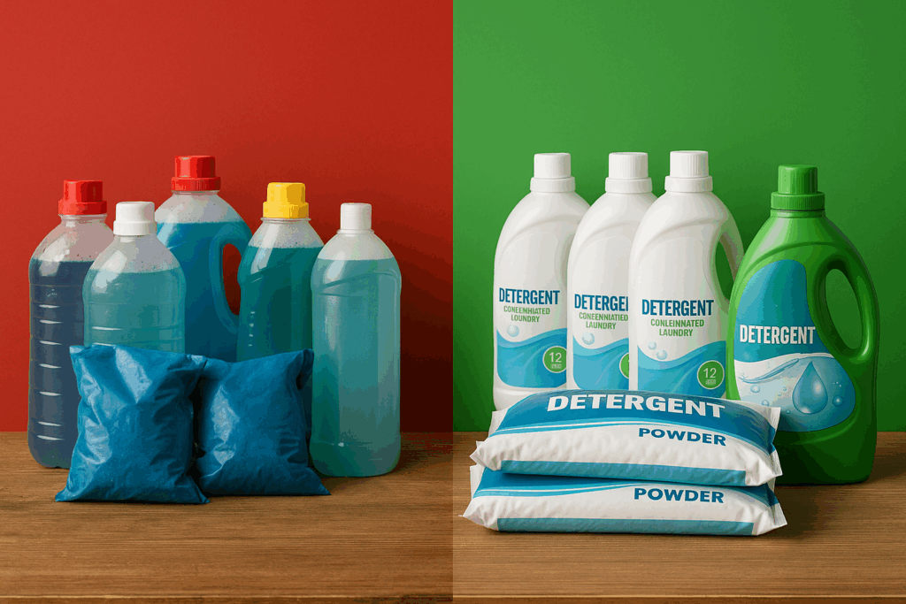Comparación entre supermarket23 detergente e Isasur Market mostrando mejor empaque, entrega rápida y calidad en productos de limpieza