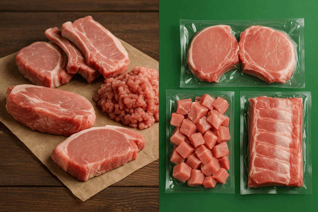 Comparativa entre supermarket23 carne de cerdo e Isasur Market mostrando empaque profesional, cortes frescos y entrega rápida