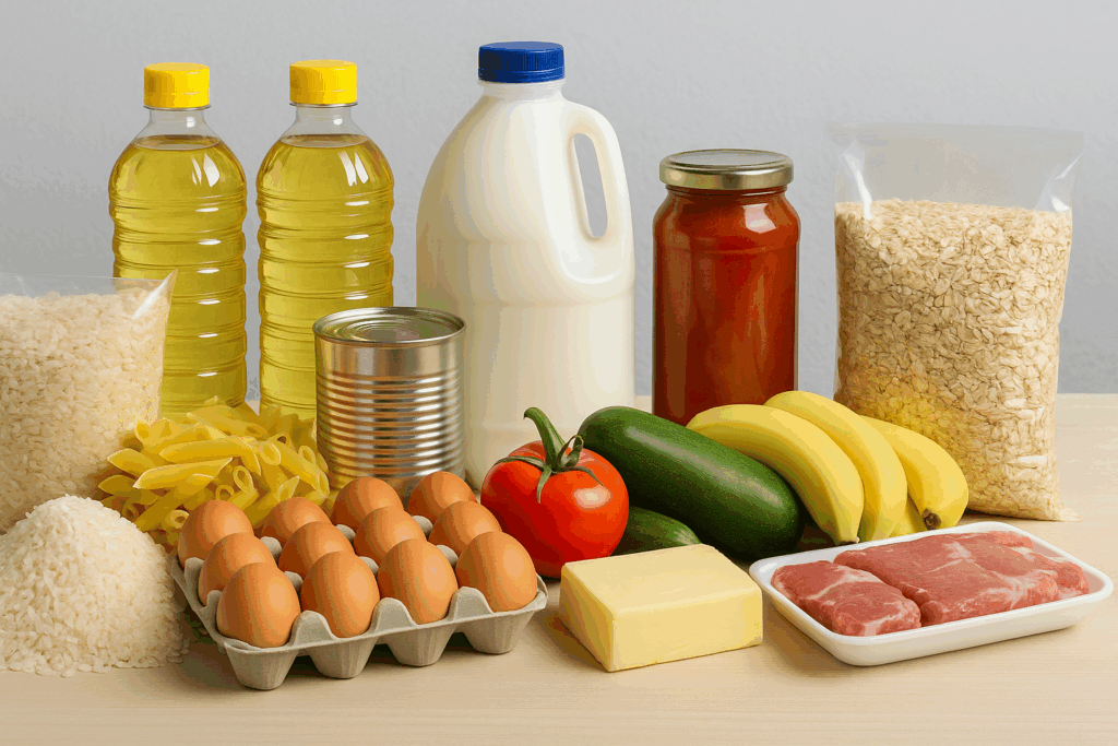 Imagen de productos alimenticios organizados sobre una mesa, representando mercados cubanos cerca de mi
