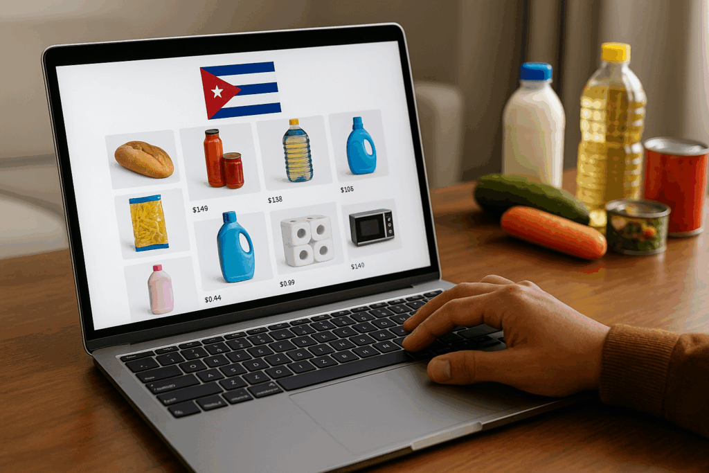 Persona comprando en línea productos variados para enviar a Cuba desde un bazar digital. - bazar cerca de mi